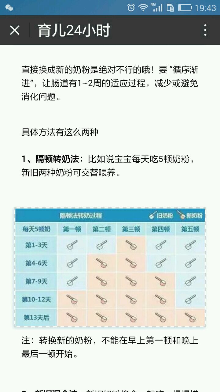 隔顿转奶法,比如宝宝一天吃5顿奶粉,那就在中间一顿加,3天后可以类推